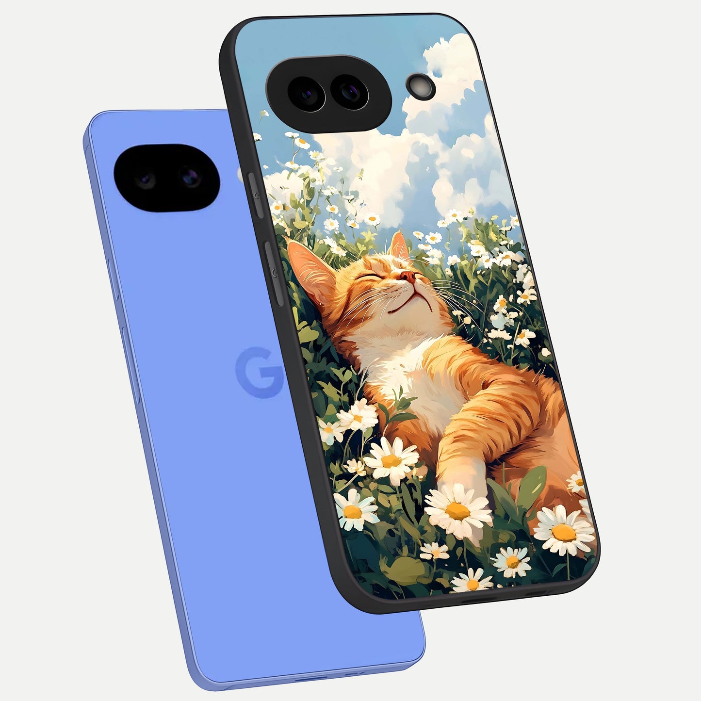  Cat And Flowers View phone case for Google Pixel 10A showing premium glass back cover with detailed artwork