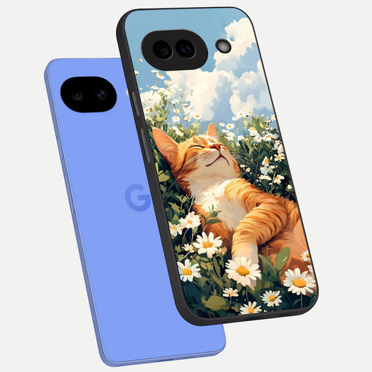  Cat And Flowers View phone case for Google Pixel 10A showing premium glass back cover with detailed artwork
