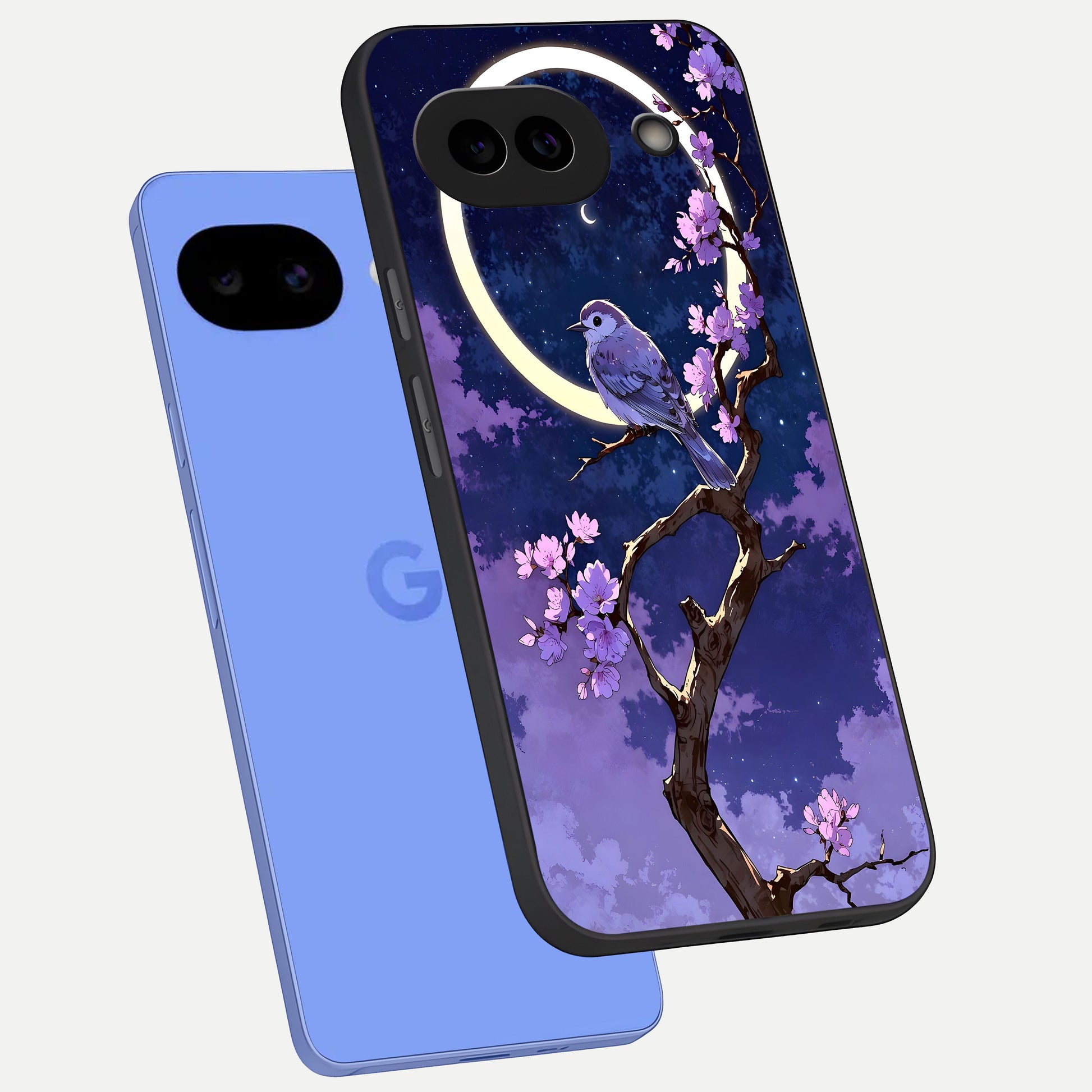  Celestial Bird Blossom phone case for Google Pixel 10A showing premium glass back cover with detailed artwork