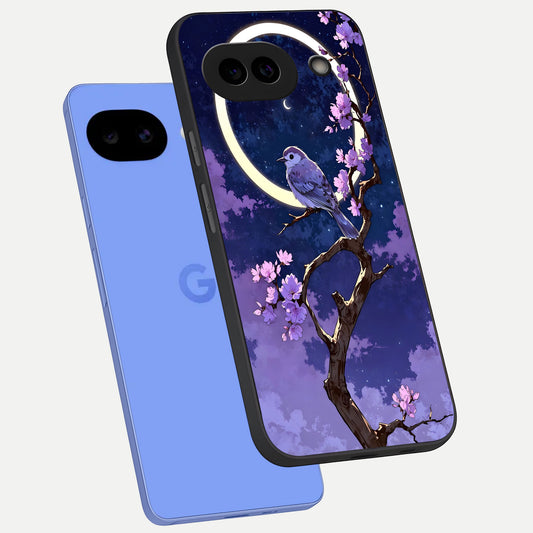  Celestial Bird Blossom phone case for Google Pixel 10A showing premium glass back cover with detailed artwork