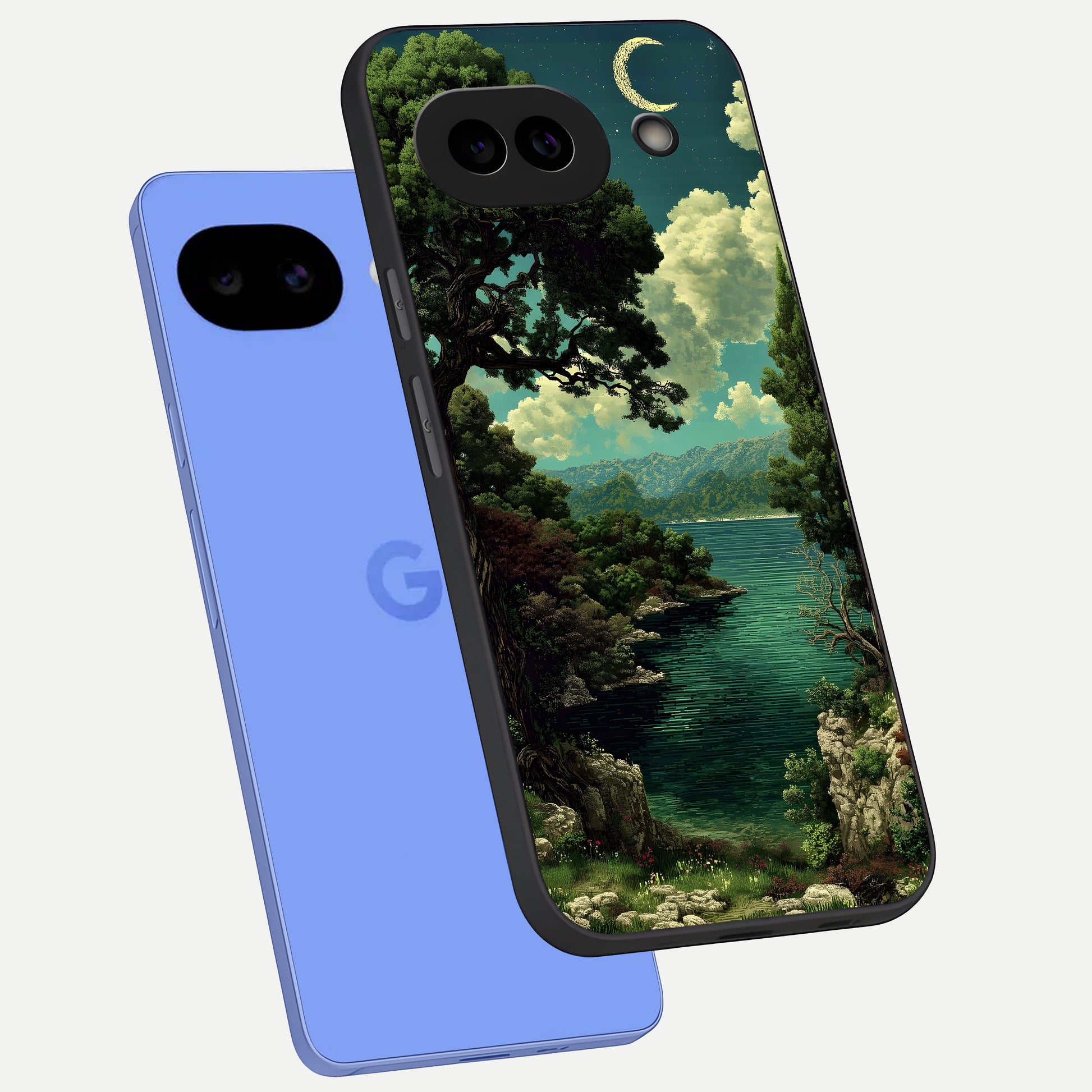  Celestial Lake Peace phone case for Google Pixel 10A showing premium glass back cover with detailed artwork