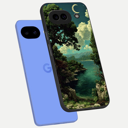  Celestial Lake Peace phone case for Google Pixel 10A showing premium glass back cover with detailed artwork