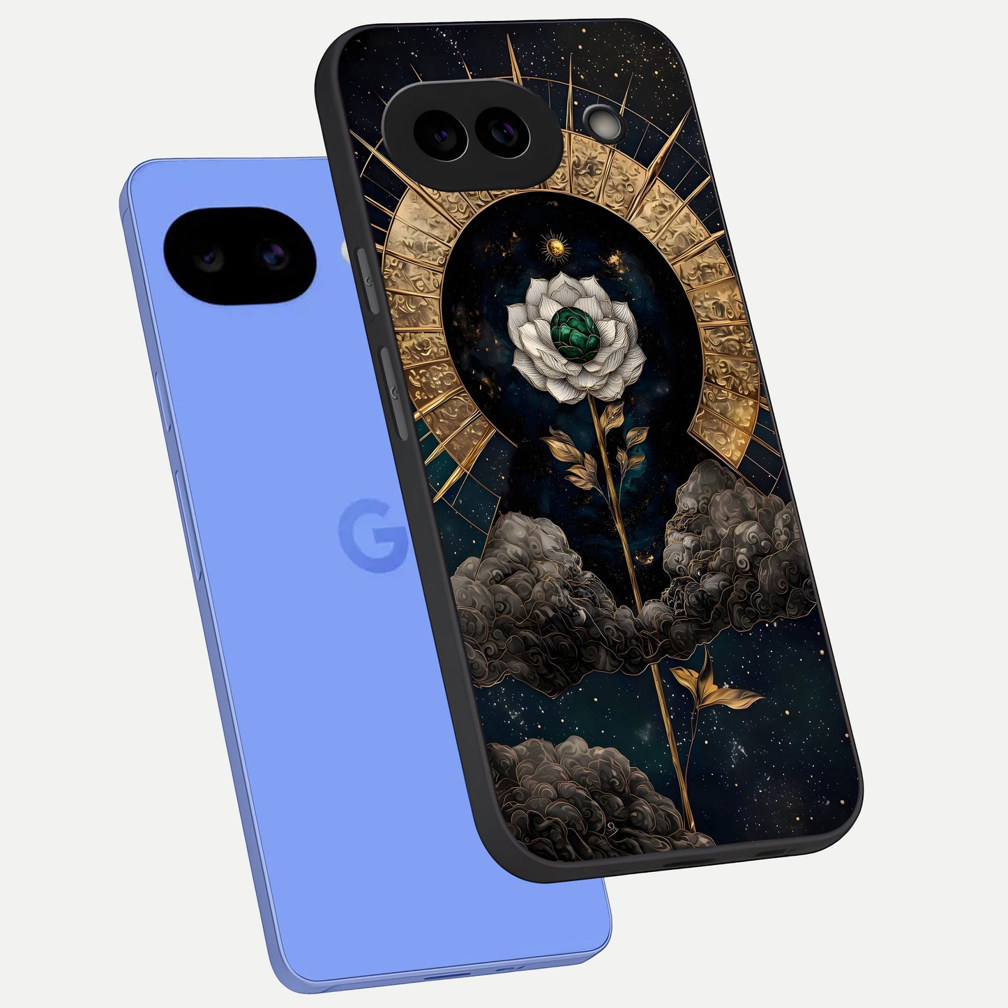  Celestial Lotus Morang phone case for Google Pixel 10A showing premium glass back cover with detailed artwork