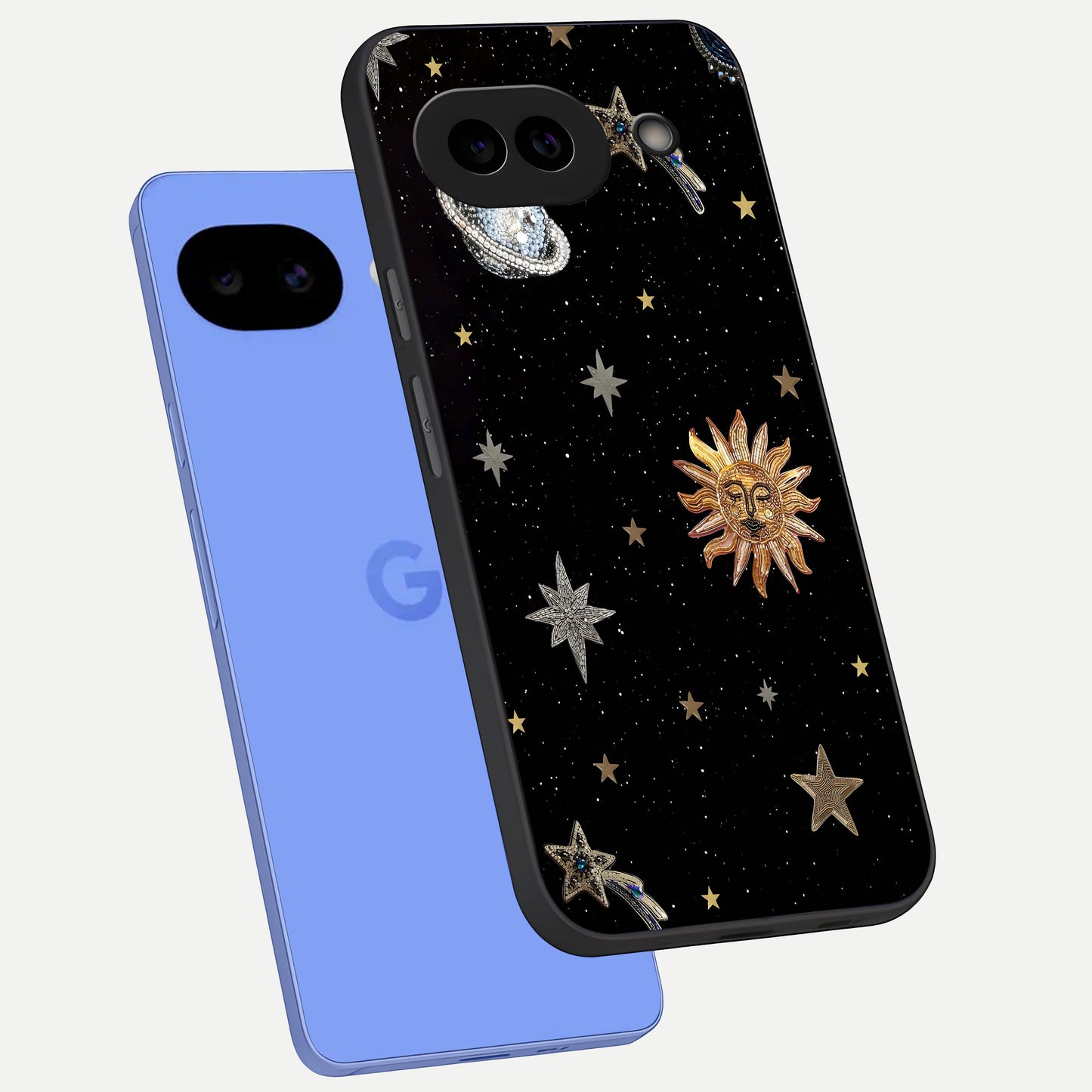  Celestial Moon With Stars phone case for Google Pixel 10A showing premium glass back cover with detailed artwork