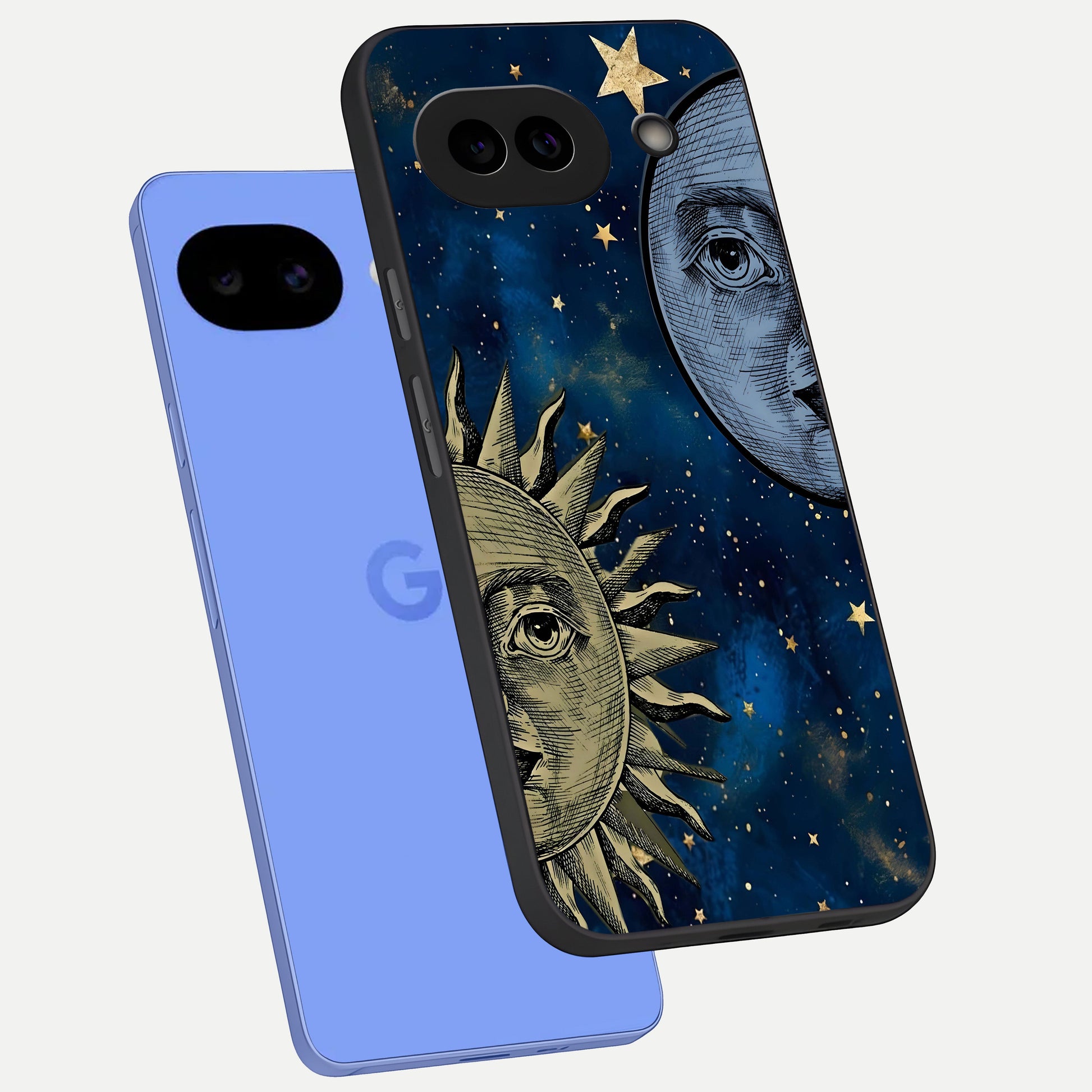  Celestial Moon With Sun phone case for Google Pixel 10A showing premium glass back cover with detailed artwork