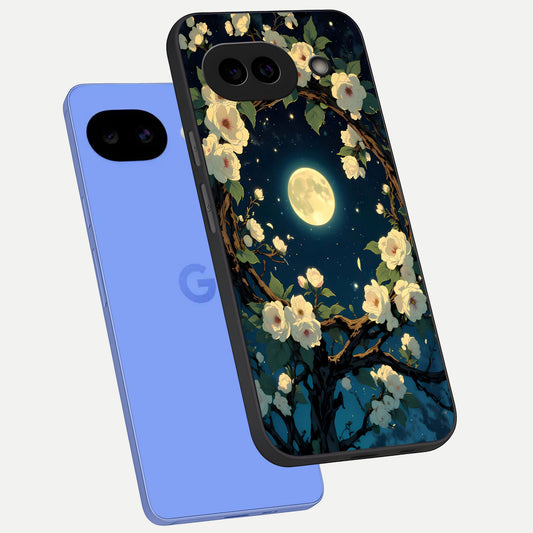  Celestial Moon And Flower phone case for Google Pixel 10A showing premium glass back cover with detailed artwork