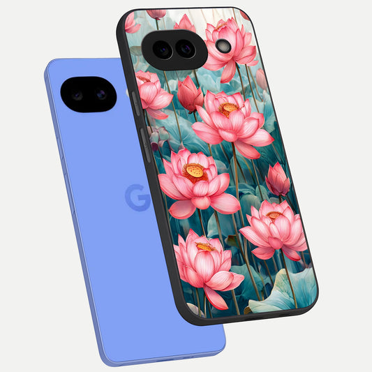  Celestial Pink Lotus phone case for Google Pixel 10A showing premium glass back cover with detailed artwork