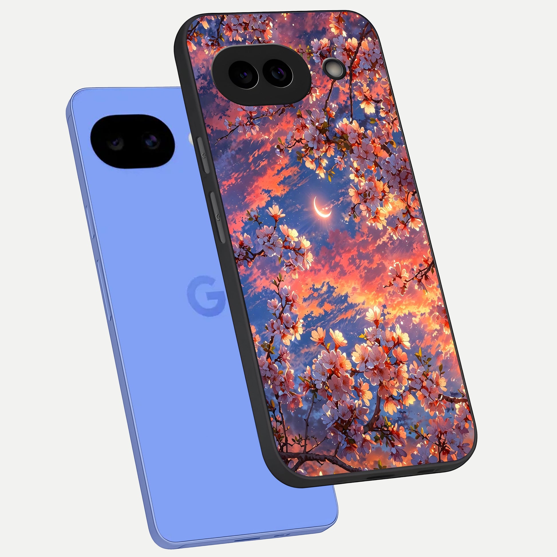  Celestial Sakura Sunset phone case for Google Pixel 10A showing premium glass back cover with detailed artwork