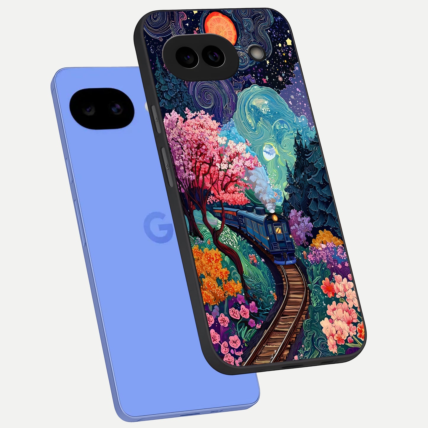  Celestial Train Journey phone case for Google Pixel 10A showing premium glass back cover with detailed artwork