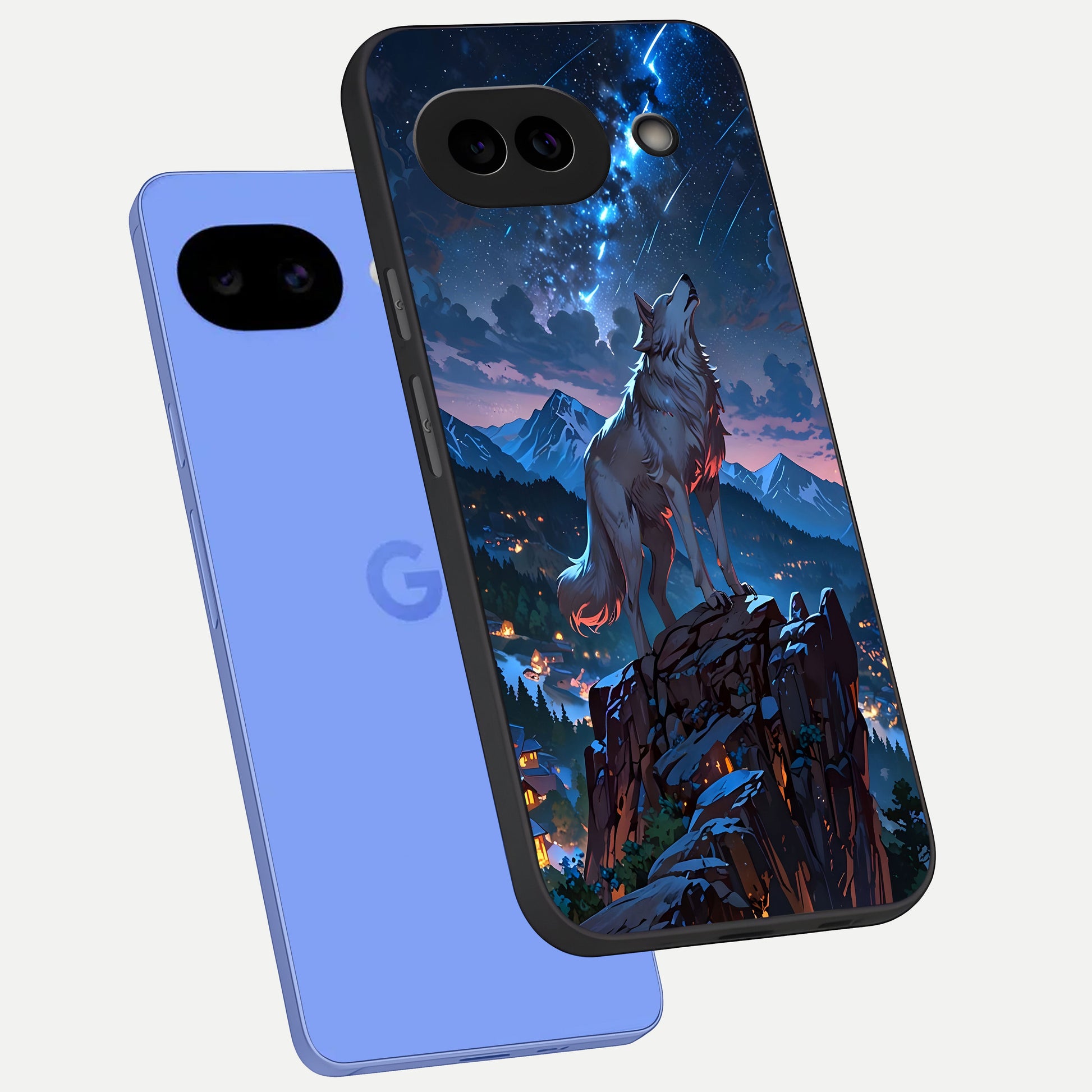  Celestial Wolf Howl phone case for Google Pixel 10A showing premium glass back cover with detailed artwork