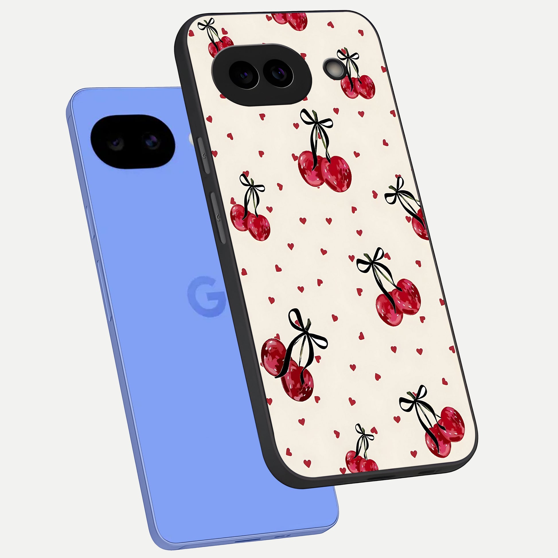  Cherry Heart Bow phone case for Google Pixel 10A showing premium glass back cover with detailed artwork