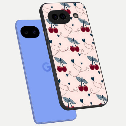  Cherry Heart Line phone case for Google Pixel 10A showing premium glass back cover with detailed artwork