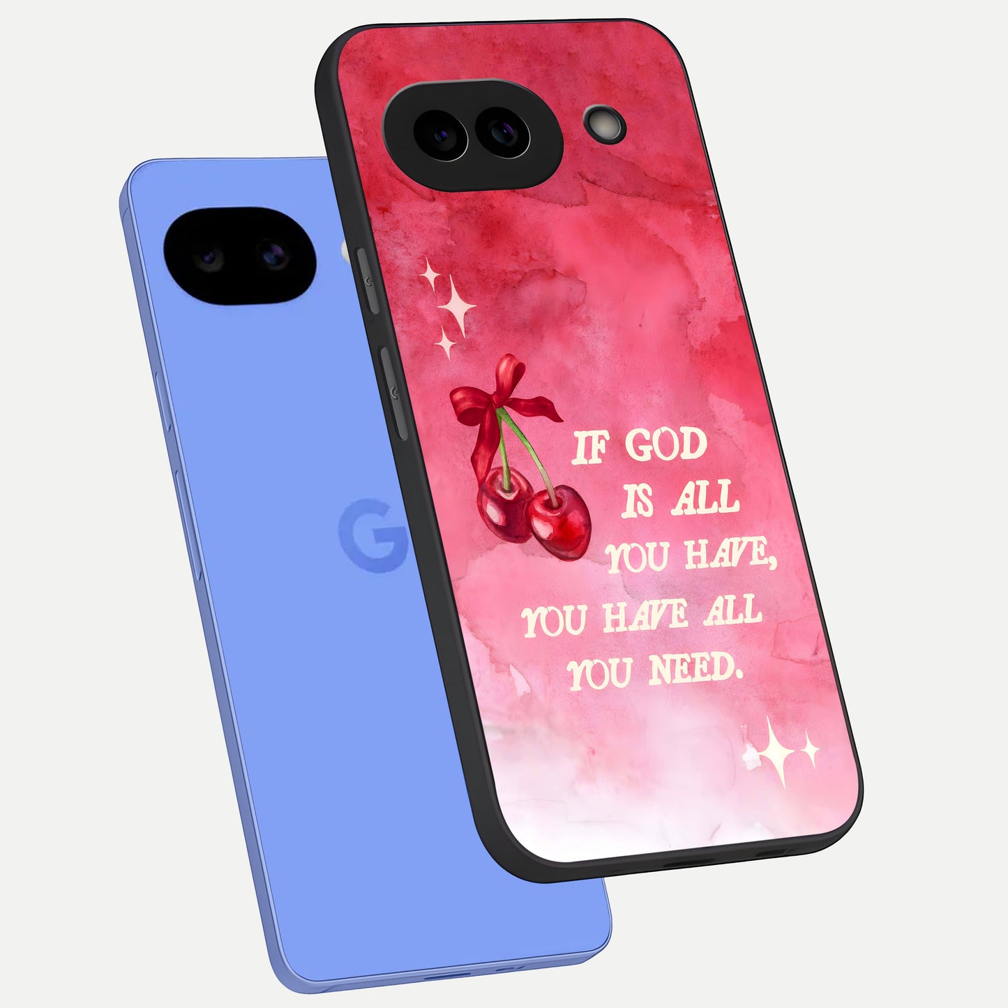  Cherry Quote phone case for Google Pixel 10A showing premium glass back cover with detailed artwork