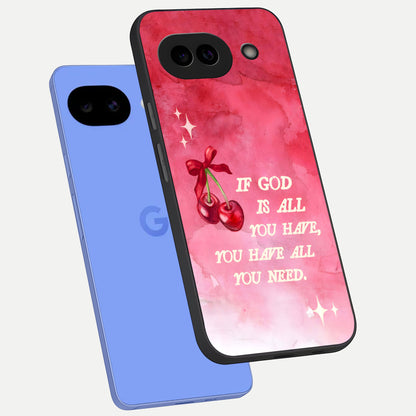  Cherry Quote phone case for Google Pixel 10A showing premium glass back cover with detailed artwork