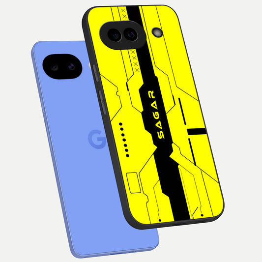  Circuit CYBERPUNK Custom Name phone case for Google Pixel 10A showing premium glass back cover with detailed artwork
