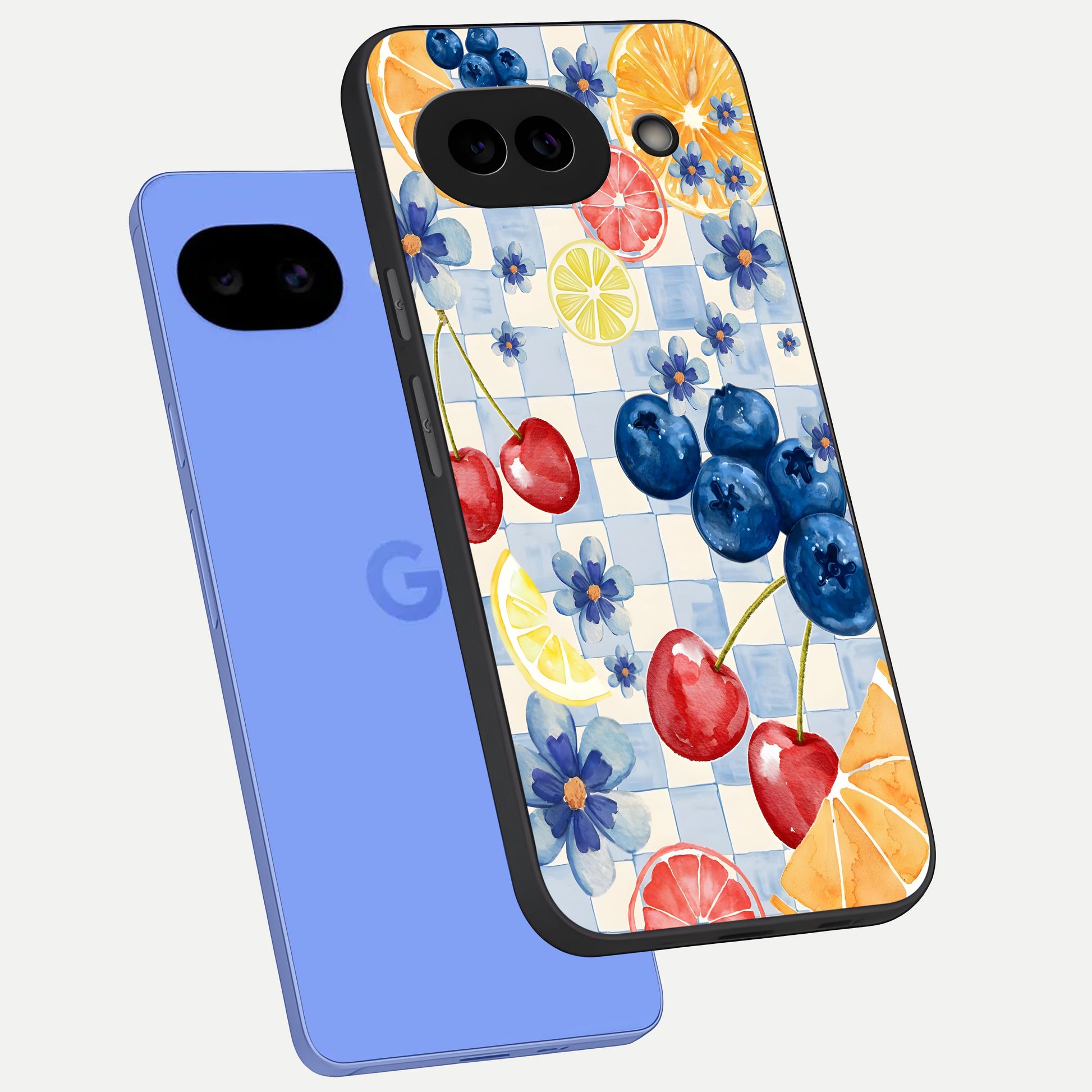  Citrus Bloom Joy phone case for Google Pixel 10A showing premium glass back cover with detailed artwork