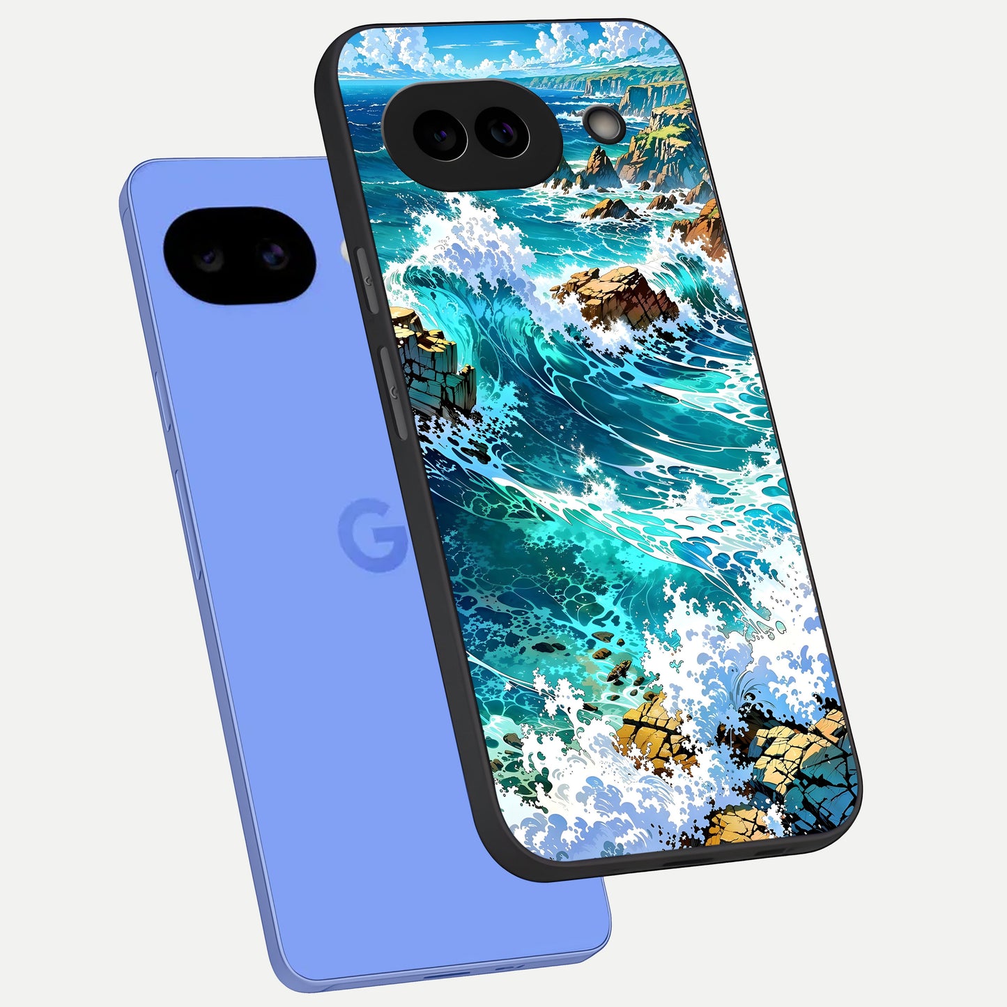 Coastal Blue Waves phone case for Google Pixel 10A showing premium glass back cover with detailed artwork