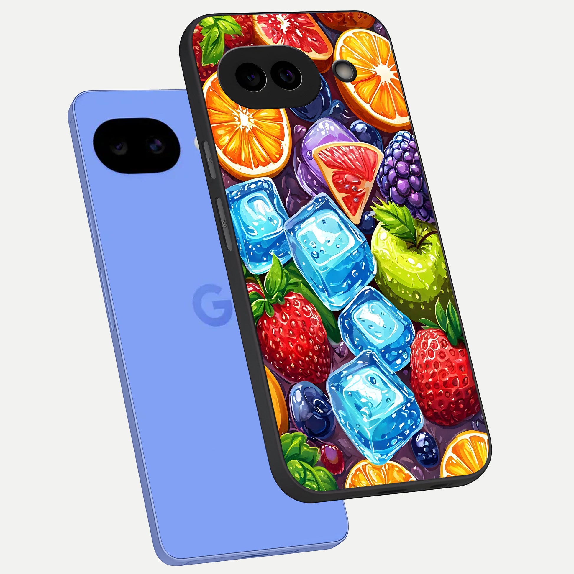 Colorful Fruits with Ice phone case for Google Pixel 10A showing premium glass back cover with detailed artwork