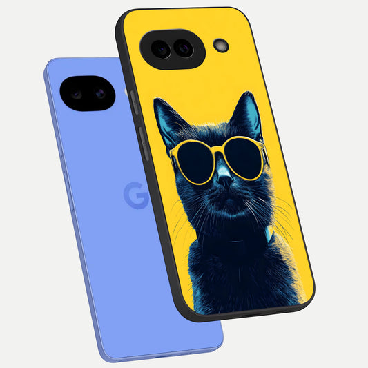  Cool Cat Vibes phone case for Google Pixel 10A showing premium glass back cover with detailed artwork