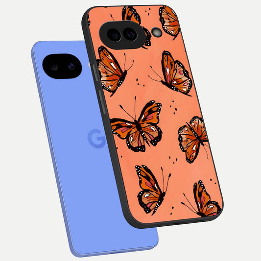  Coral Wing Butterfly phone case for Google Pixel 10A showing premium glass back cover with detailed artwork