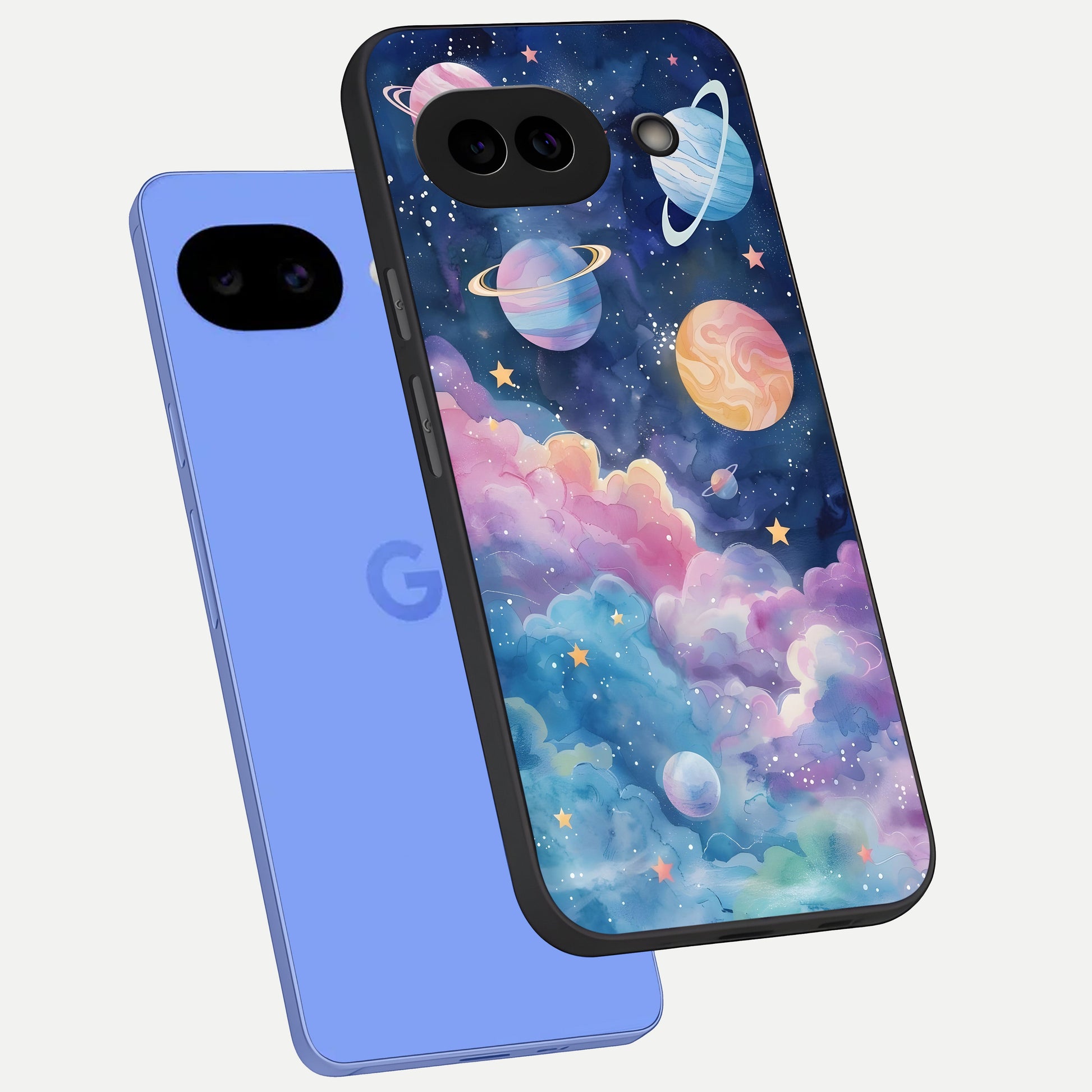  Cosmic Planet Dreams phone case for Google Pixel 10A showing premium glass back cover with detailed artwork