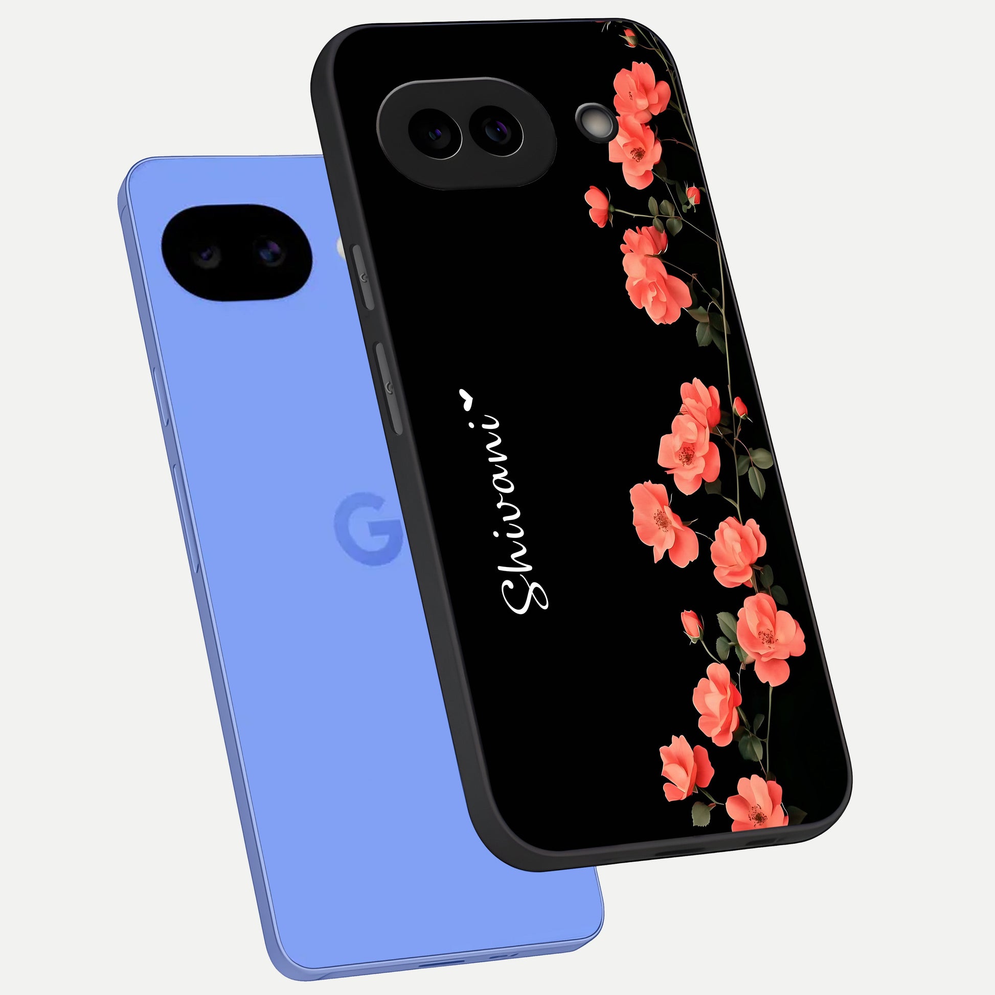  Crimson Bloom Grace Custom Name phone case for Google Pixel 10A showing premium glass back cover with detailed artwork