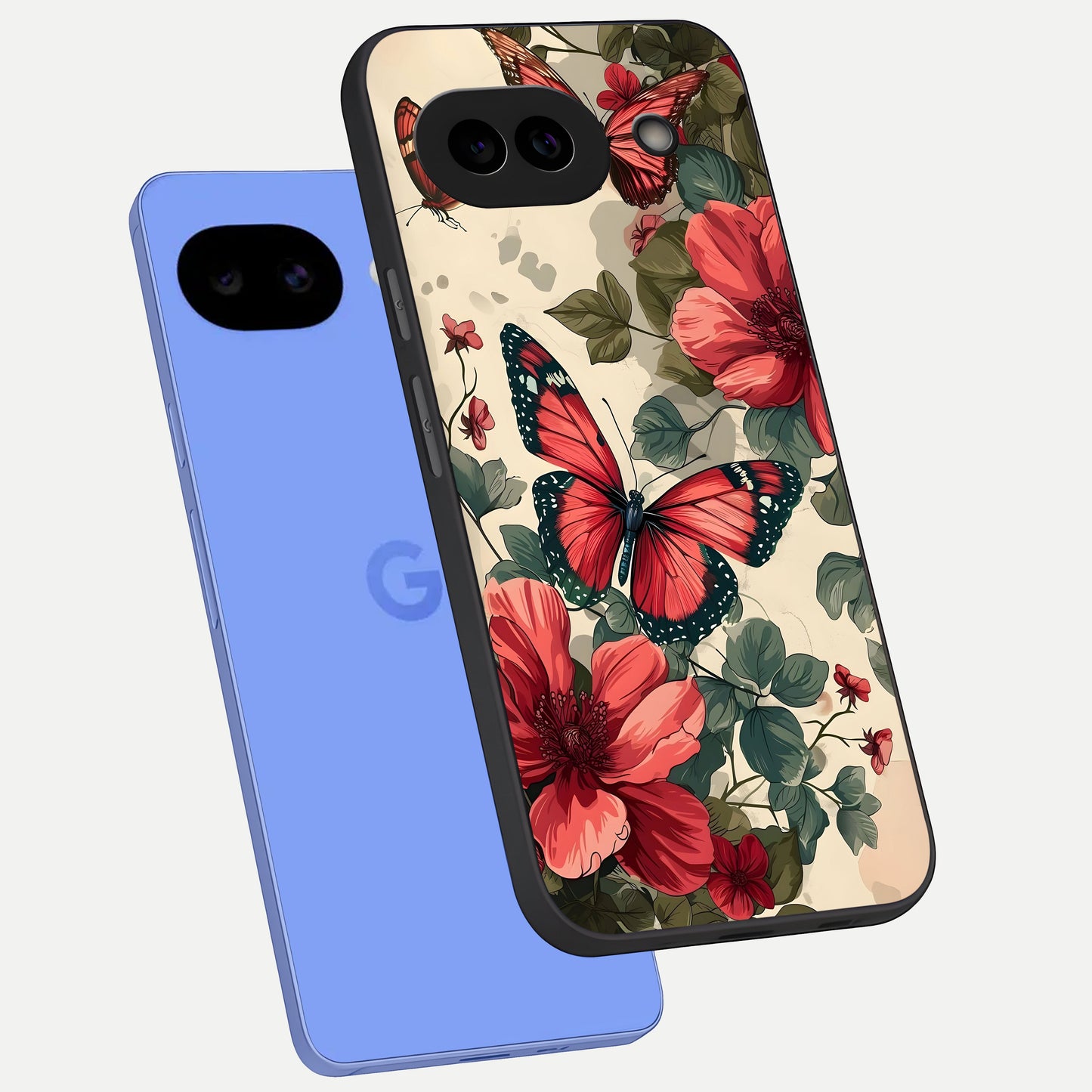  Crimson Butterfly Garden phone case for Google Pixel 10A showing premium glass back cover with detailed artwork