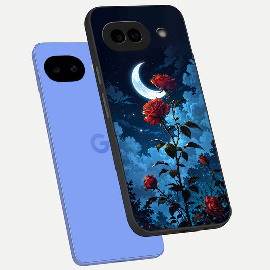  Crimson Rose Moon phone case for Google Pixel 10A showing premium glass back cover with detailed artwork