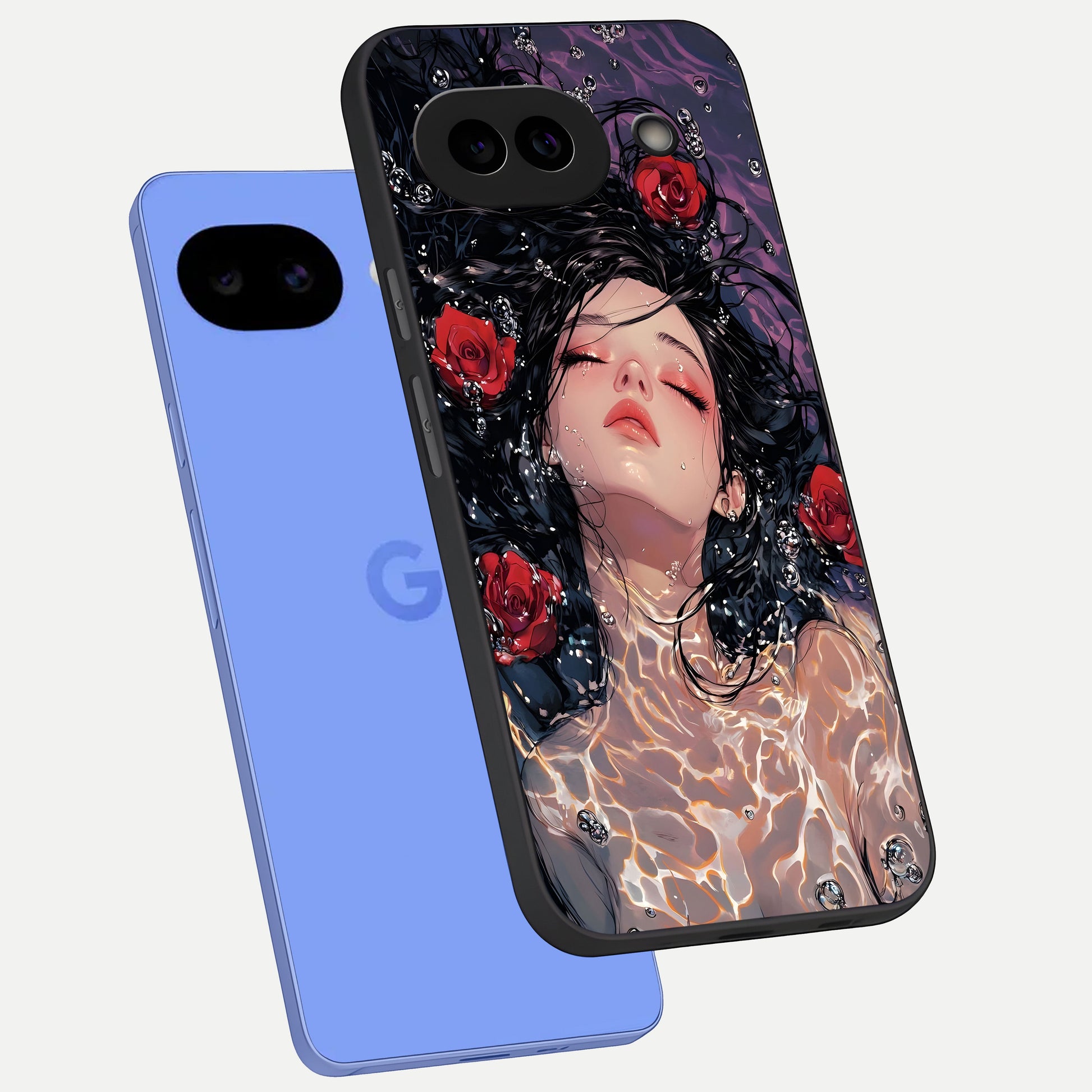  Crimson Rose Serenity phone case for Google Pixel 10A showing premium glass back cover with detailed artwork
