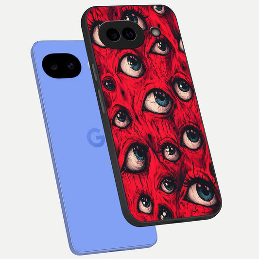  Crimson Watch Eyes phone case for Google Pixel 10A showing premium glass back cover with detailed artwork
