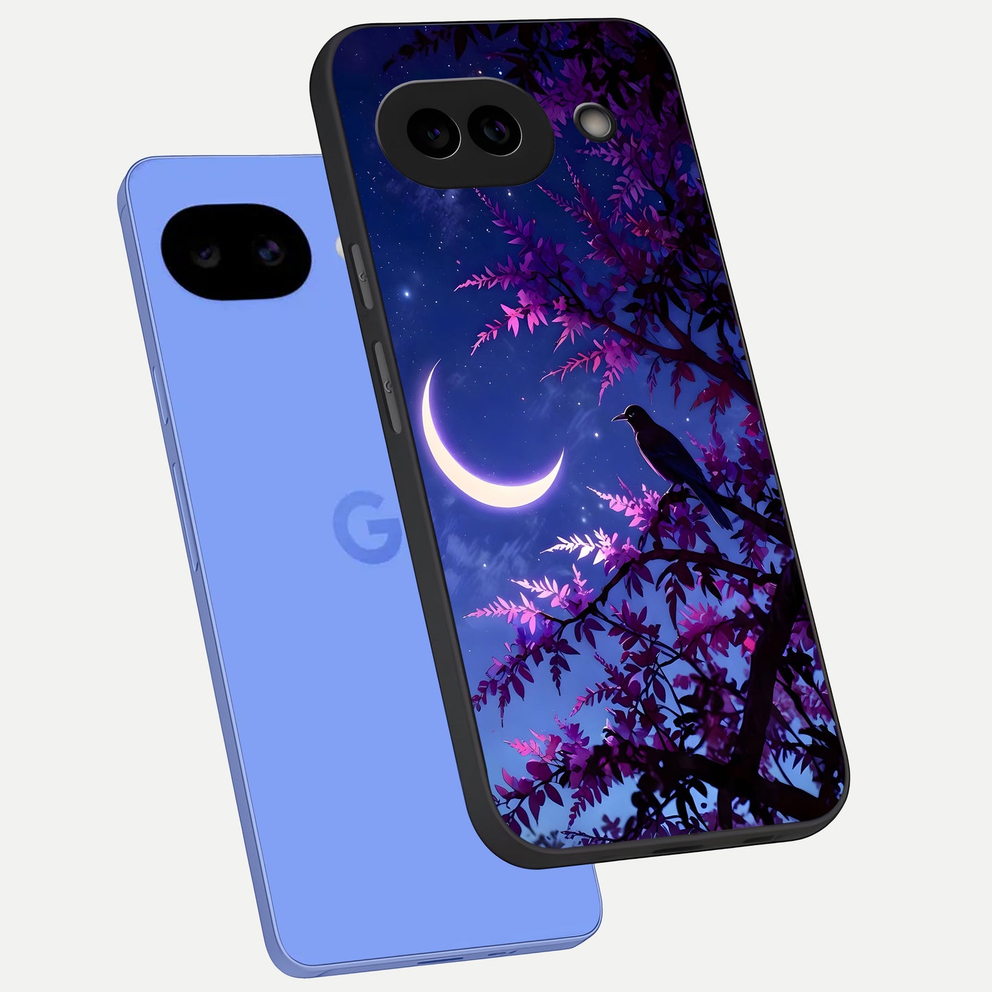  Crow And Moon Scenery phone case for Google Pixel 10A showing premium glass back cover with detailed artwork