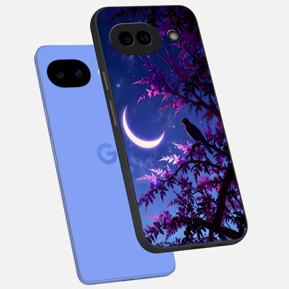  Crow And Moon Scenery phone case for Google Pixel 10A showing premium glass back cover with detailed artwork