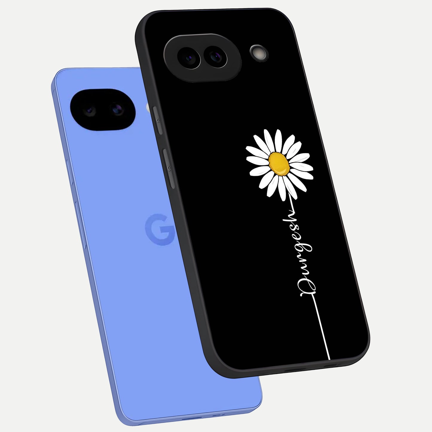  Custom Name White Flower phone case for Google Pixel 10A showing premium glass back cover with detailed artwork