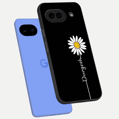  Custom Name White Flower phone case for Google Pixel 10A showing premium glass back cover with detailed artwork