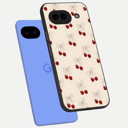  Cute Cherry Pattern phone case for Google Pixel 10A showing premium glass back cover with detailed artwork