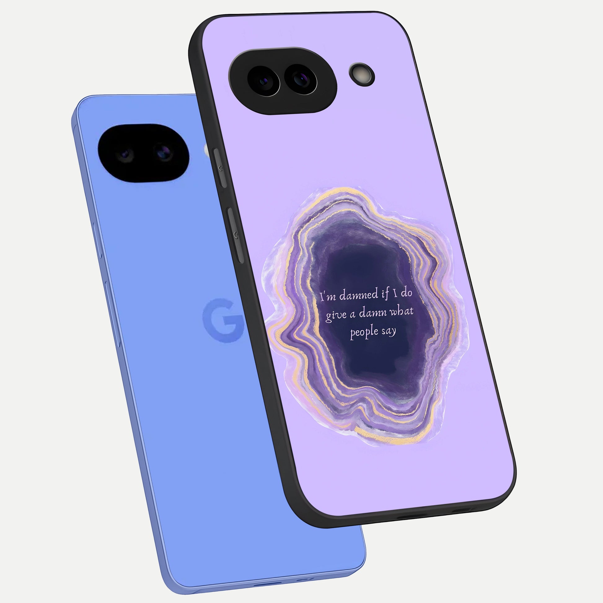  Damned People Quote phone case for Google Pixel 10A showing premium glass back cover with detailed artwork