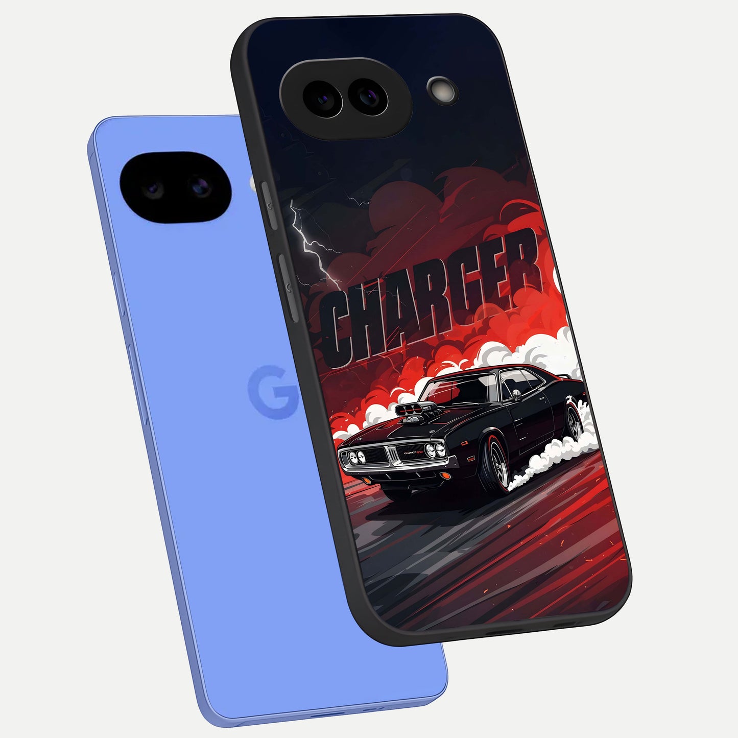  Dark Charger Fury phone case for Google Pixel 10A showing premium glass back cover with detailed artwork