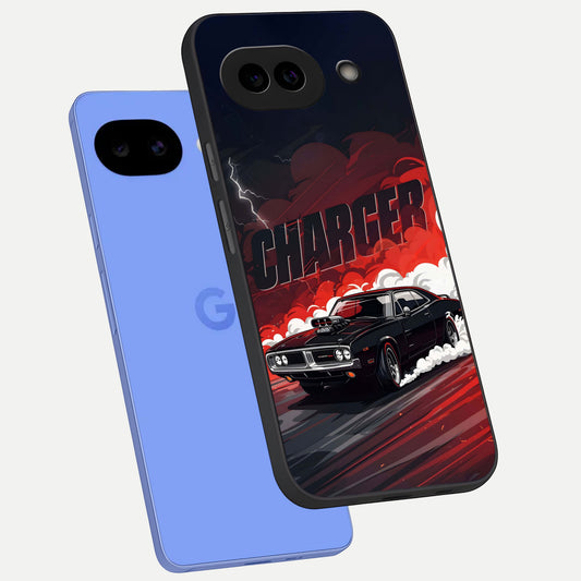  Dark Charger Fury phone case for Google Pixel 10A showing premium glass back cover with detailed artwork