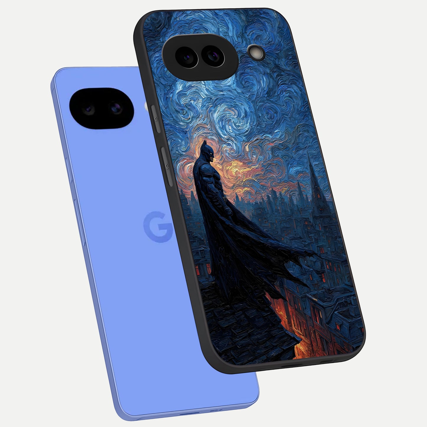 Dark Knight Dusk phone case for Google Pixel 10A showing premium glass back cover with detailed artwork