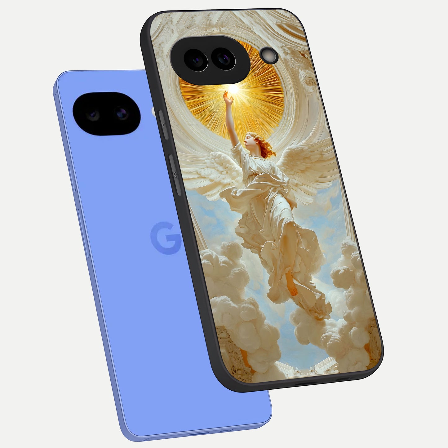  Divine Light Angel phone case for Google Pixel 10A showing premium glass back cover with detailed artwork