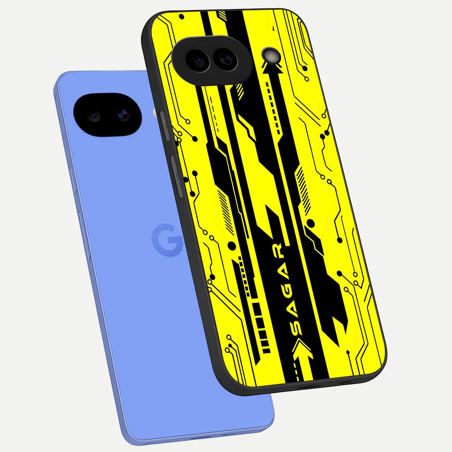  Electric Pulse CYBERPUNK Custom Name phone case for Google Pixel 10A showing premium glass back cover with detailed artwork