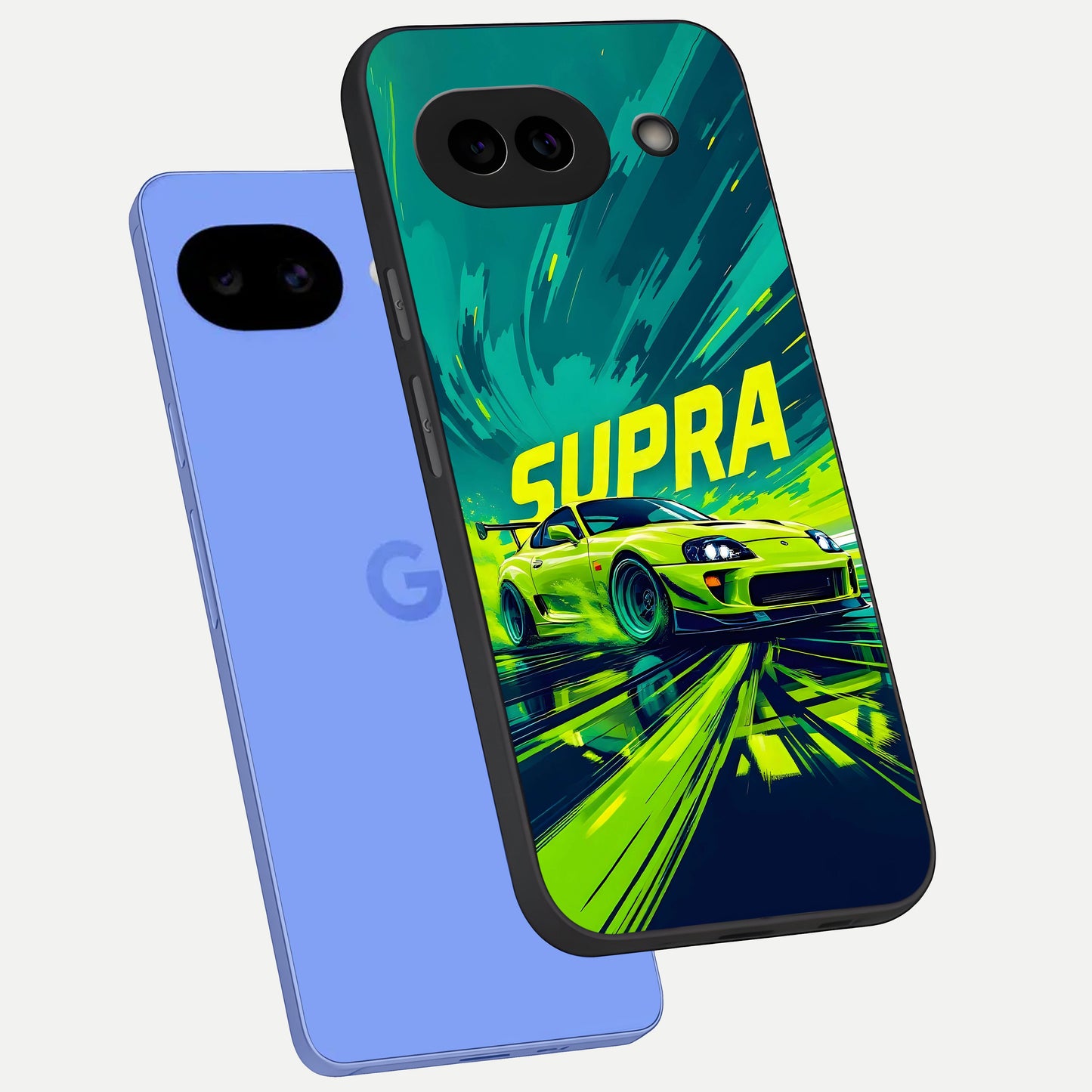  Electric Supra Thunder phone case for Google Pixel 10A showing premium glass back cover with detailed artwork