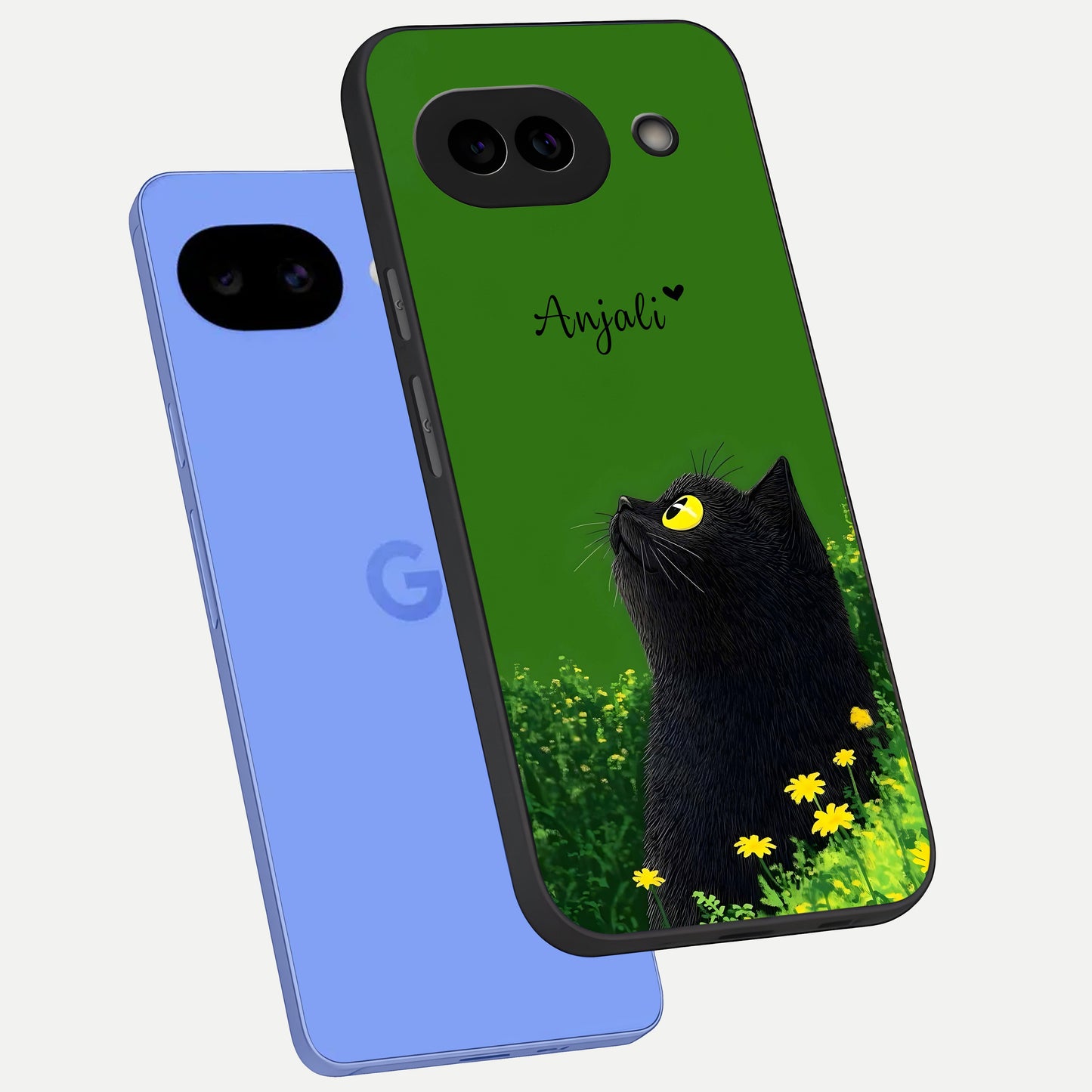  Emerald Cat Custom Name phone case for Google Pixel 10A showing premium glass back cover with detailed artwork