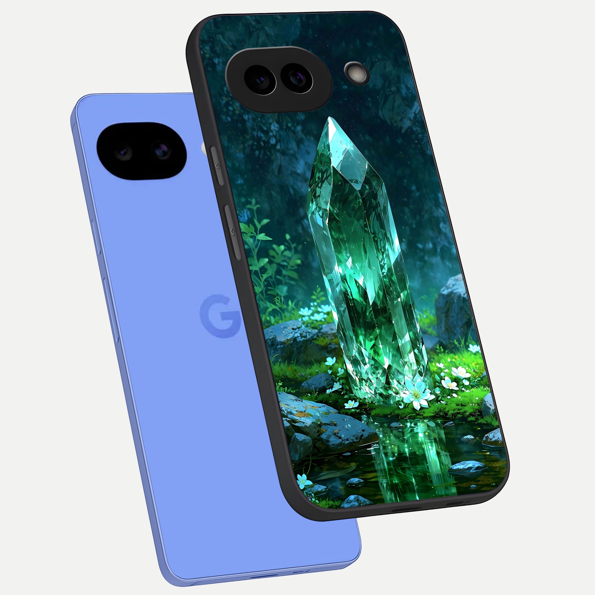  Emerald Light Crystal phone case for Google Pixel 10A showing premium glass back cover with detailed artwork
