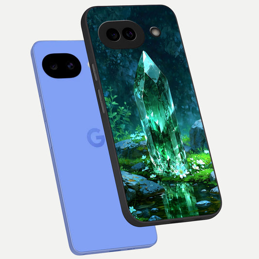  Emerald Light Crystal phone case for Google Pixel 10A showing premium glass back cover with detailed artwork