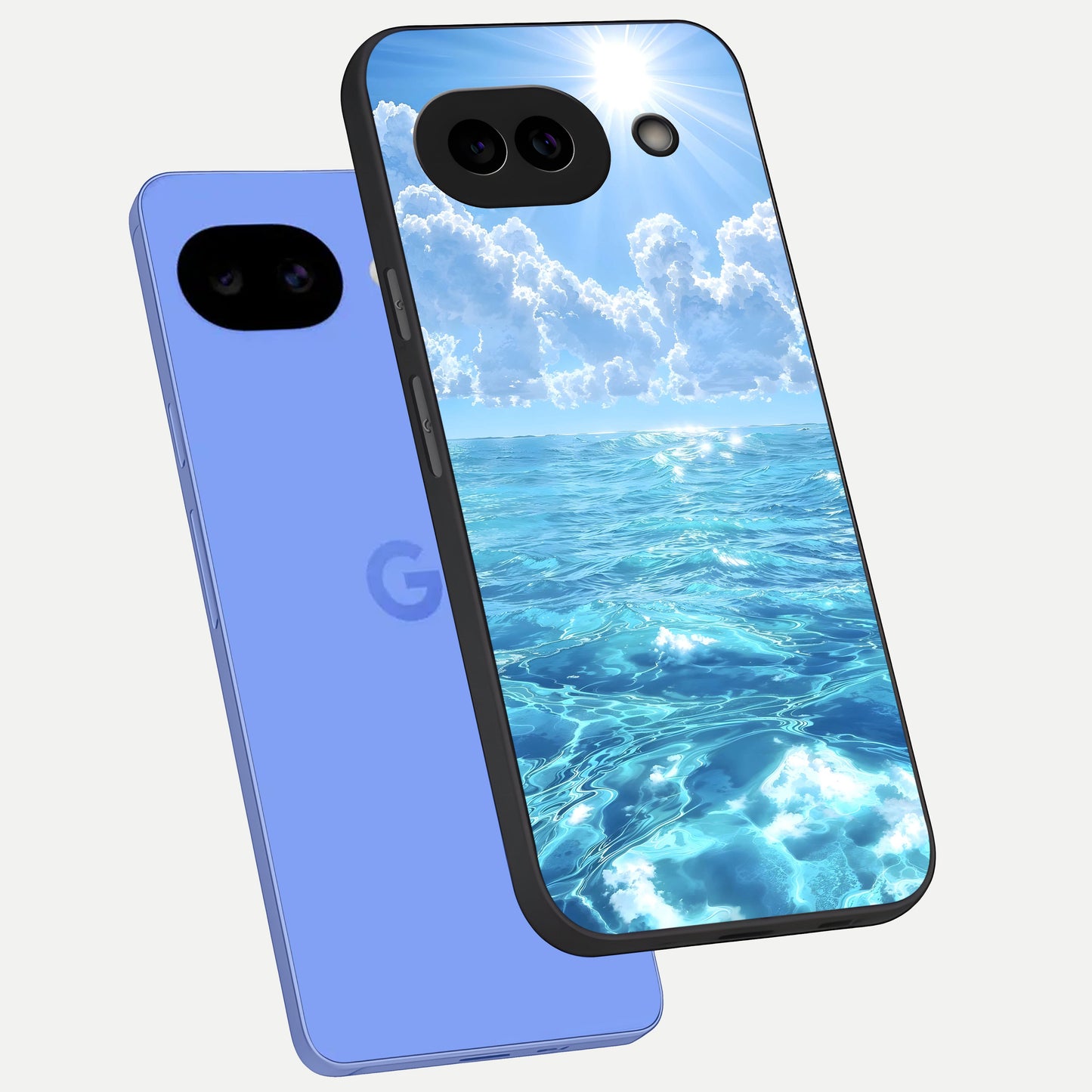  Endless Ocean Horizon phone case for Google Pixel 10A showing premium glass back cover with detailed artwork