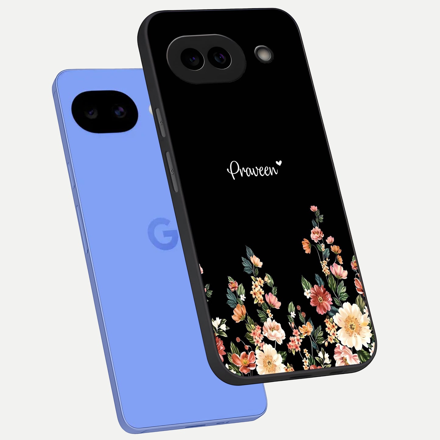 Floral Design Personalized Custom Name phone case for Google Pixel 10A showing premium glass back cover with detailed artwork