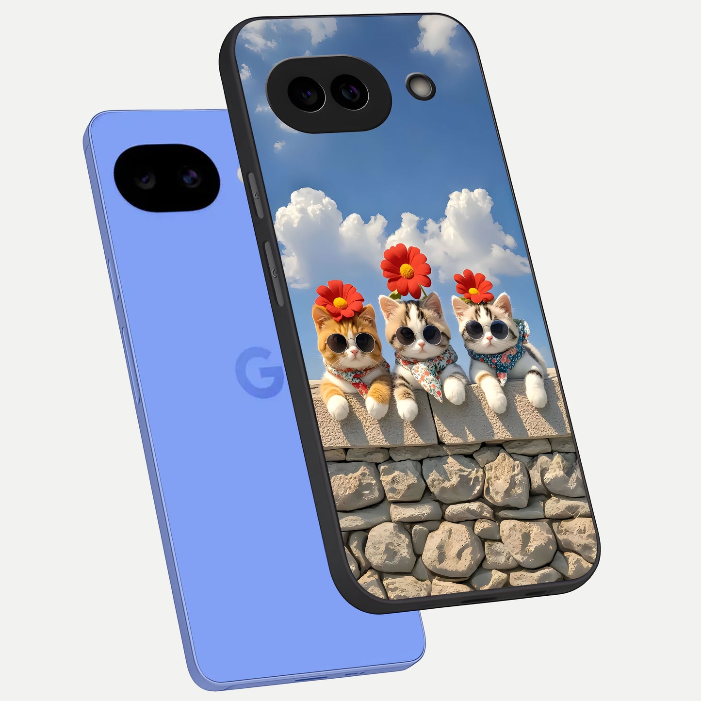  Floral Kitty Squad phone case for Google Pixel 10A showing premium glass back cover with detailed artwork