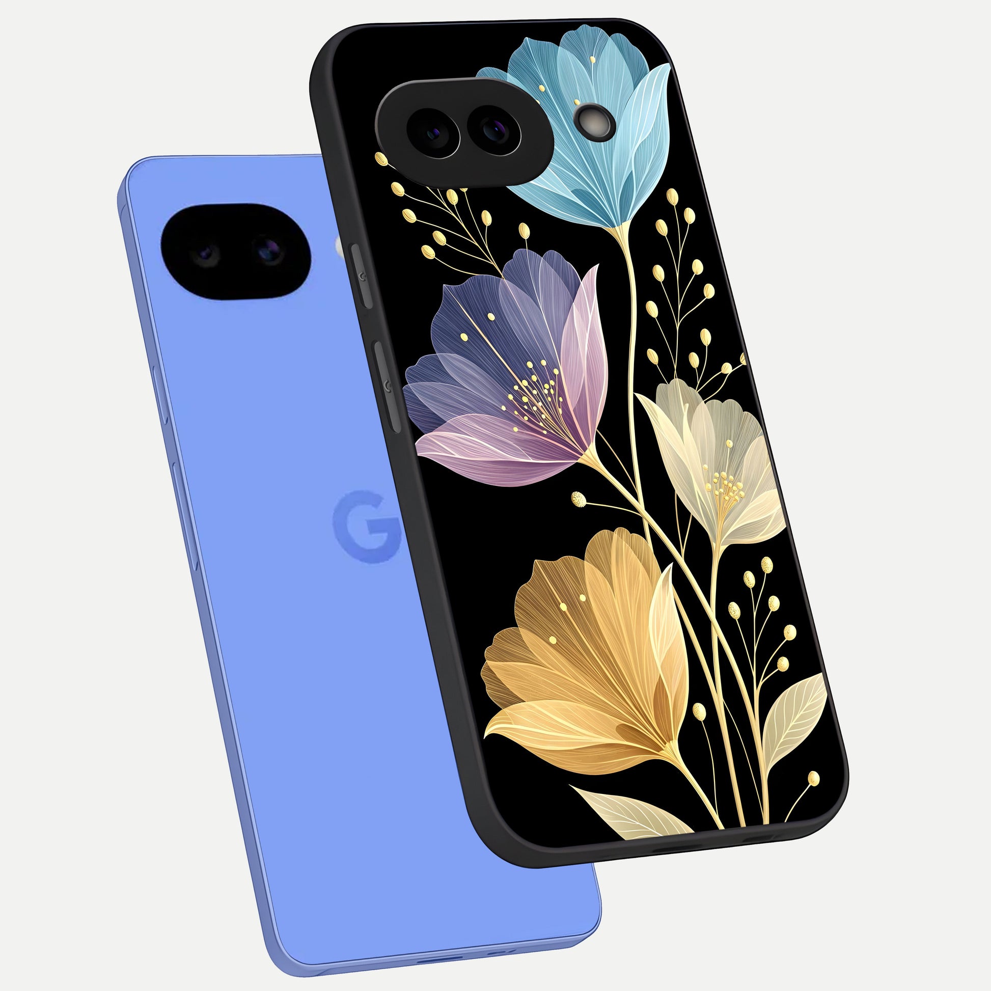  Flower Bloom Glow phone case for Google Pixel 10A showing premium glass back cover with detailed artwork