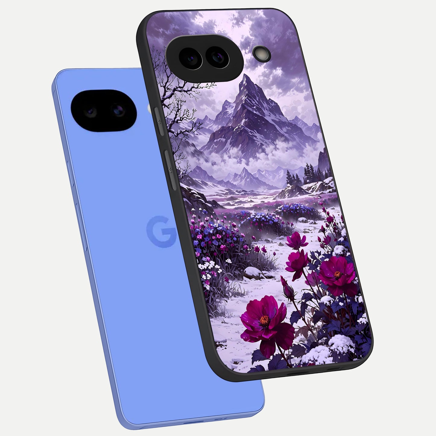  Flower Mountain View phone case for Google Pixel 10A showing premium glass back cover with detailed artwork